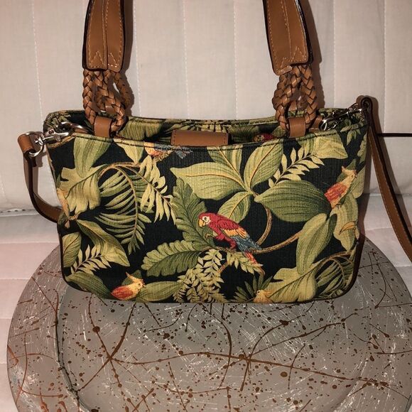 Relic Black Green Red Tropical Canvas Leather Combo Crossbody Bag Purse - Picture 2 of 15